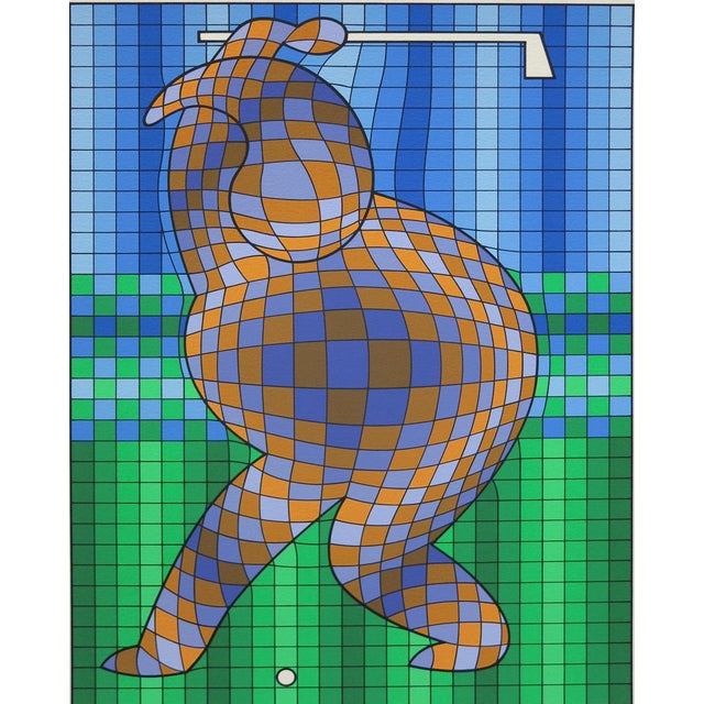 Paper Op-Art Victor Vasarely the Golfer LTD Serigraph, Hand Signed Art LTD Green Blue For Sale - Image 7 of 8