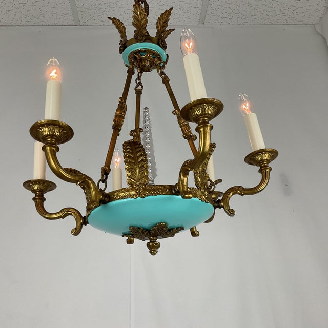 Traditional 1950s Small Brass and Enamel Empire Chandelier For Sale - Image 3 of 14