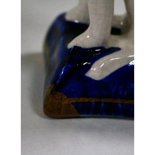 Blue Pair of Vintage English Staffordshire Style Black & White Cat Figurines on Blue Pillows For Sale - Image 8 of 11