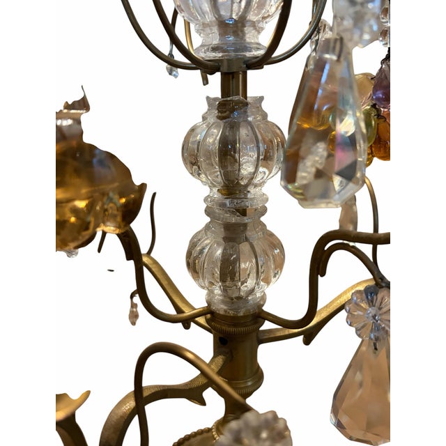 Hollywood Regency Pair 3-Arm French Gilt Brass Crystal Fruit and Crystal Candelabra, Made in France, Mid-Century Hollywood Regency For Sale - Image 3 of 12