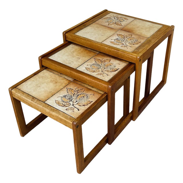 Vintage Nesting Tables in Teak and Earthenware, 1960s, Set of 3 For Sale