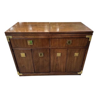 1970s Thomasville Campaign Style Walnut Bar Cart With Cabinet and Extendable Flip Top For Sale