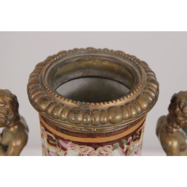 Pair Castilian Porcelain & Bronze French Style Lidded Urns For Sale - Image 9 of 18