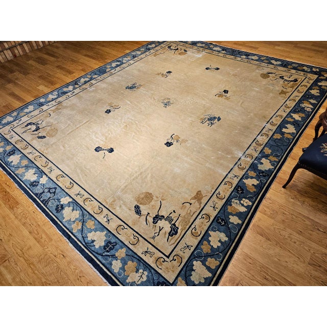 19th Century Antique Chinese Peking Rug, Handwoven Open Pattern, Tan & Blue, 12' X 14' For Sale - Image 4 of 17