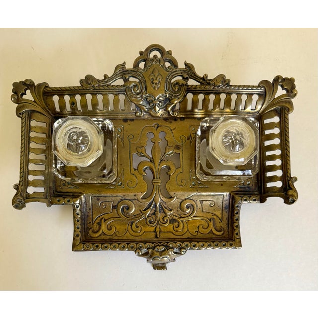 Victorian Antique French Victorian Brass Double Inkwell Desk Set With Crystal Inkwells For Sale - Image 3 of 10