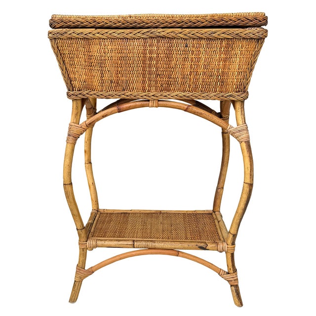 Contemporary Vintage Bamboo and Rattan Sewing Basket Side Table With Lid - Organic Modern For Sale - Image 3 of 12