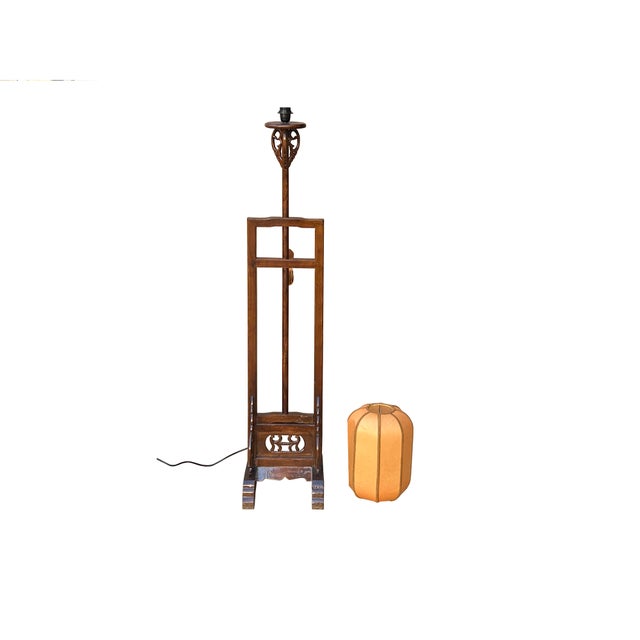 Chinese Vintage Chinese Brown Wood Floor Lamp With Simple Open Panel Base For Sale - Image 3 of 11