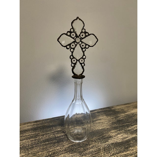 Gothic Handmade Crystal Cross Assemblage Sculpture on Clear Glass Bottle For Sale - Image 3 of 7