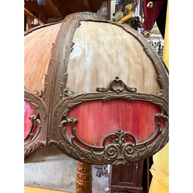 Art Nouveau Antique Bent Caramel, Red /Orange Slag Glass Table Lamp For Sale - Image 3 of 12