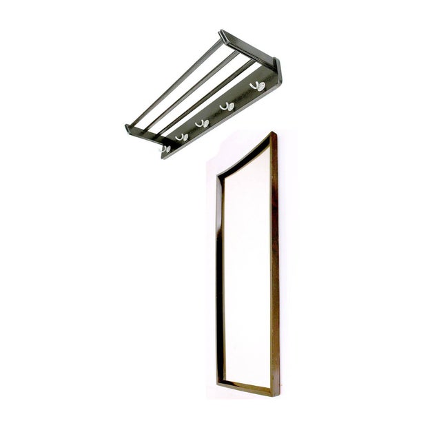 Vintage coat rack and mirror set, 1960s, ebonized wood (the color is between brown and black) with chrome hook, mirror...