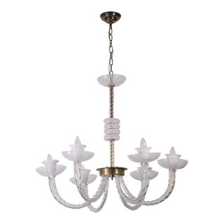 Vintage 6 Arm Murano Clear & White Latticino Glass Chandelier For Sale