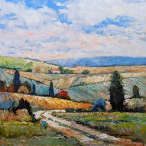 Wine Country Original Landscape Art With Vineyards Mountains and Farmhouses on Canvas.