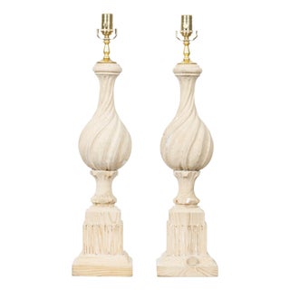 19th Century Pine Twisted Finials on Tall Bases Mounted as Table Lamps - a Pair For Sale