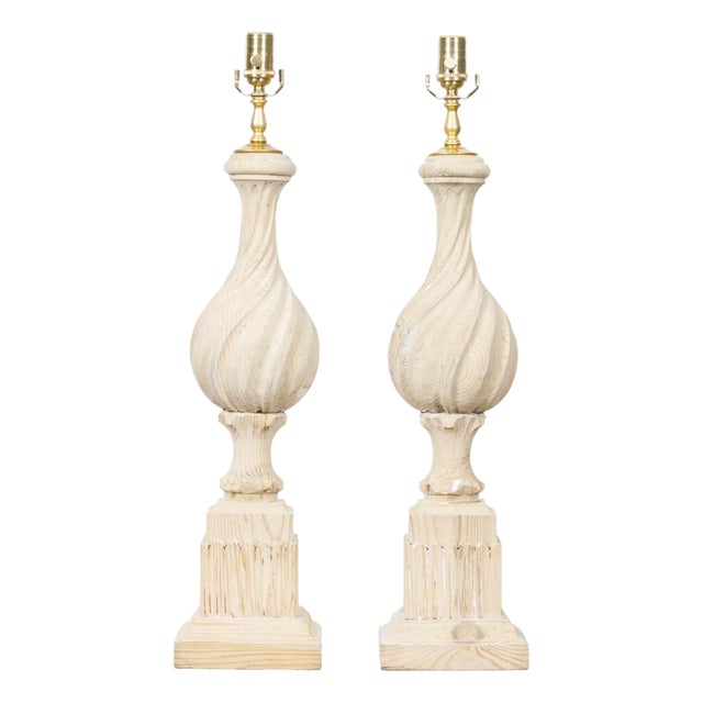 19th Century Pine Twisted Finials on Tall Bases Mounted as Table Lamps - a Pair For Sale