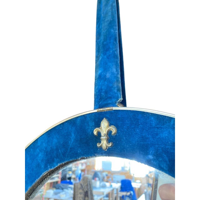 Blue Blue Velvet and Brass Medallion Mirror, 1960s For Sale - Image 8 of 9