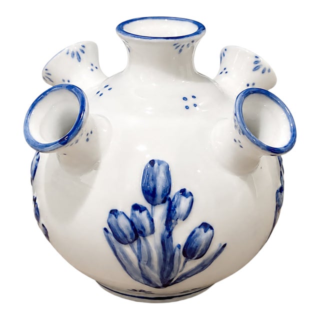 Vintage Royal Twickel Ter Steege Bv Delft 5 Finger Tulip Vase For Sale