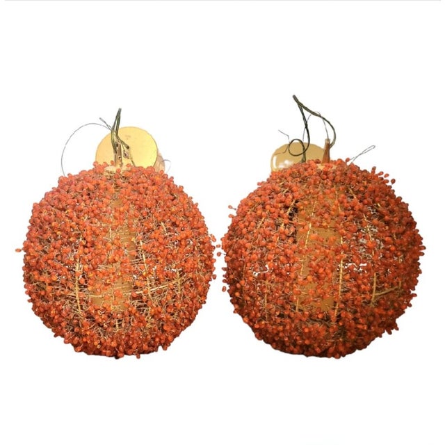 1970s Vintage Orange Glass Beaded Large Round Orb Globe Chandelier Pendent Light Fixtures- A Pair For Sale - Image 5 of 13