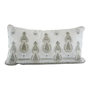 White and Silver Embroidered Mughal Style Throw Pillow