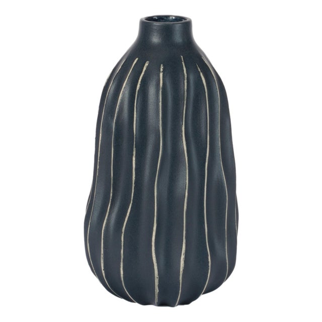 Wavy Ribbed Stoneware Vase 8.5"H For Sale