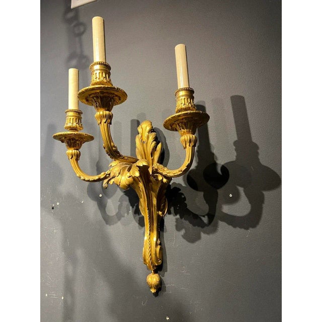 Metal Large 1900's Caldwell Gilt Bronze Sconces With 3 Lights - Pair For Sale - Image 7 of 8