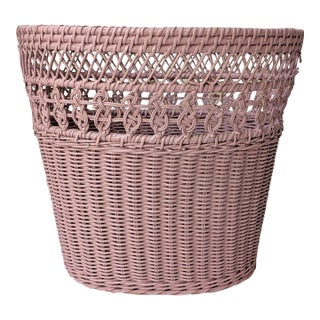 Vintage Dusty Pink Woven Wicker Wastebasket For Sale