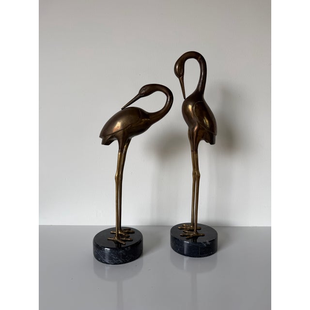 Pair of Life-Size Vintage Brass Crane Sculptures on Black Marble Bases For Sale - Image 11 of 12