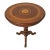 French style table in walnut wood with finely inlaid circular top and turned leg. Dimensions (WxDxH) 61.5 x 61.5 x 62 cm.