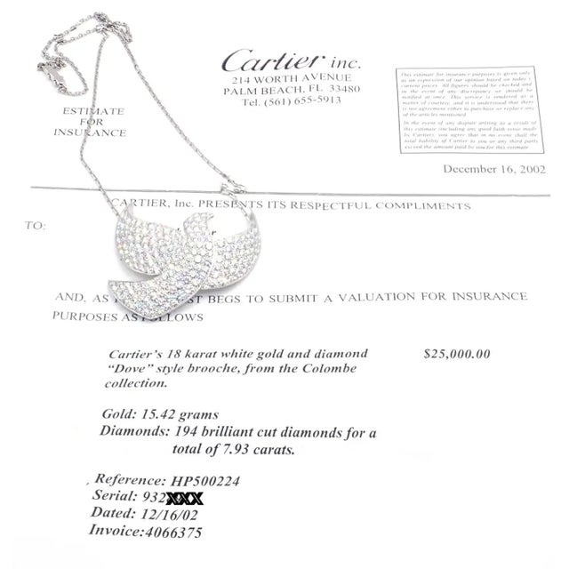 1990s Cartier Colombe De La Paix Dove of Peace Diamond White Gold Pendant Necklace For Sale - Image 11 of 16