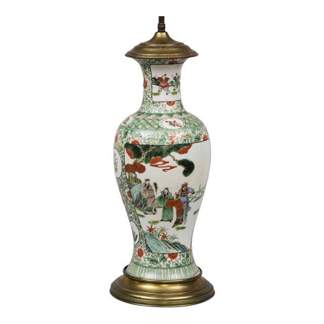 Antique Chinese Famille Vert Porcelain Lamp For Sale
