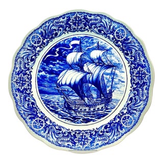 Vintage Delfts by Boch Frères La Louviere Belgium Blue and White Ceramic Wall Plate With Sailing Ship For Sale