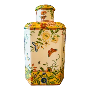 Vintage Signed Juwc United Wilson 1897 Porcelain Yellow Morning Glory and Butterflies Tea Canister Ginger Jar