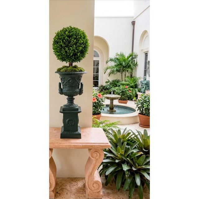 Vintage Neoclassical Cast Iron Garden Urn on Wreath Pedestal - Hunter Green For Sale - Image 9 of 12