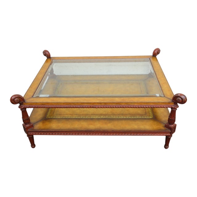 Maitland Smith Glass Top and Leather Cocktail Coffee Table 6333 For Sale