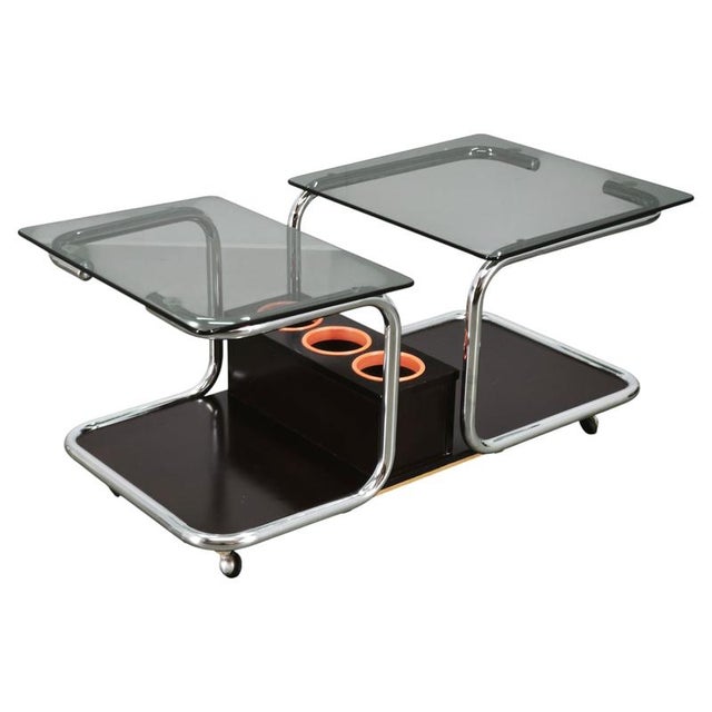 Space Age Chrome, Smoked Glass and Wood Bar Cart, 1970s For Sale - Image 15 of 15