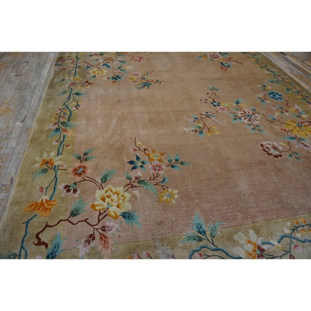 1920s Beige Field Modern Floral Antique Chinese Art Deco Walter Nichols Rug For Sale - Image 4 of 10