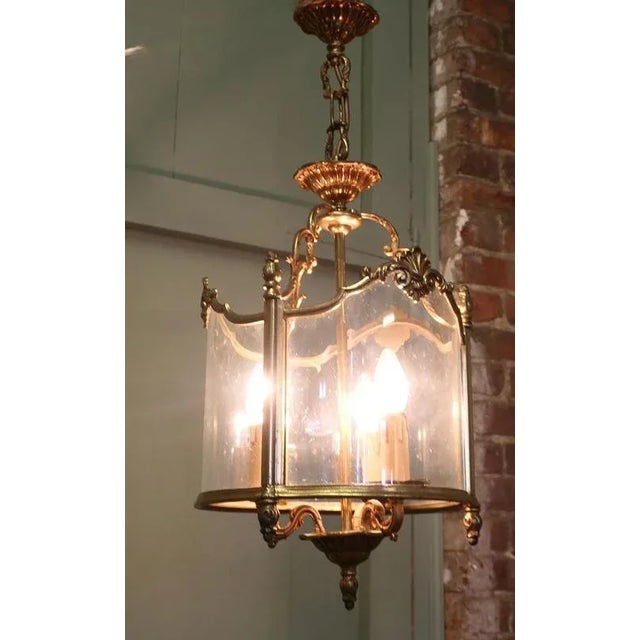 Glass Large French Rococo Style Brass and Glass Lantern Hall Light, 1920 For Sale - Image 7 of 8