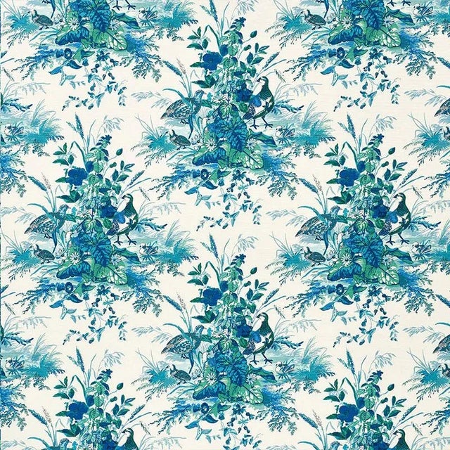 Sample- Schumacher Quail Meadow Fabric in Peacock For Sale