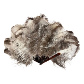 Antique Art Deco Folding Hand Fan W/ Natural Ostrich Feathers and a Faux-Tortoiseshell 20" H For Sale