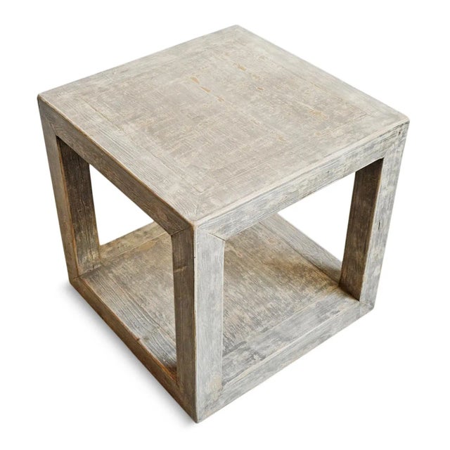 Farmhouse style reclaimed elm wood square box side table. Useful open design with rustic worn grey painted finish.