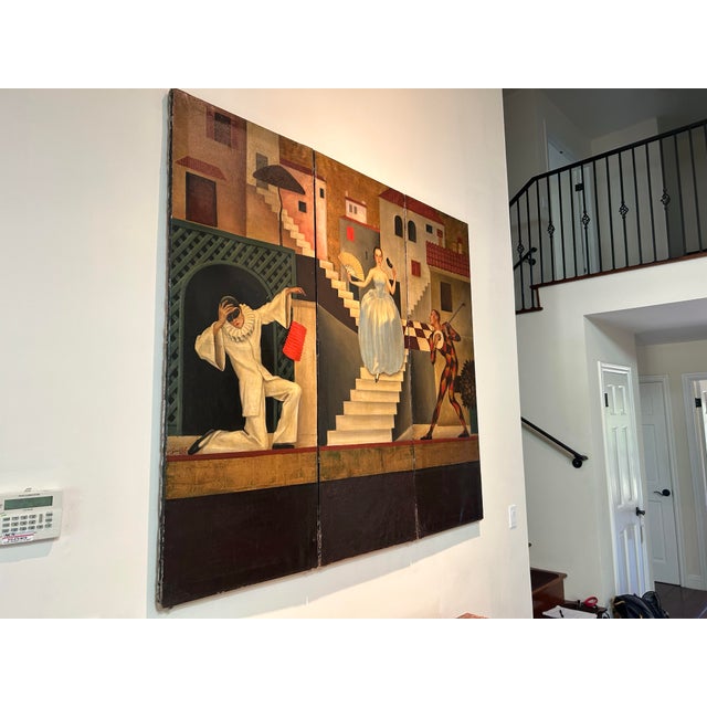 Three (3) Fold Oil on Canvas French Screen Depicting Pierrot, Colombine, and Arlequin. Dated and Signed by N. Goultch...