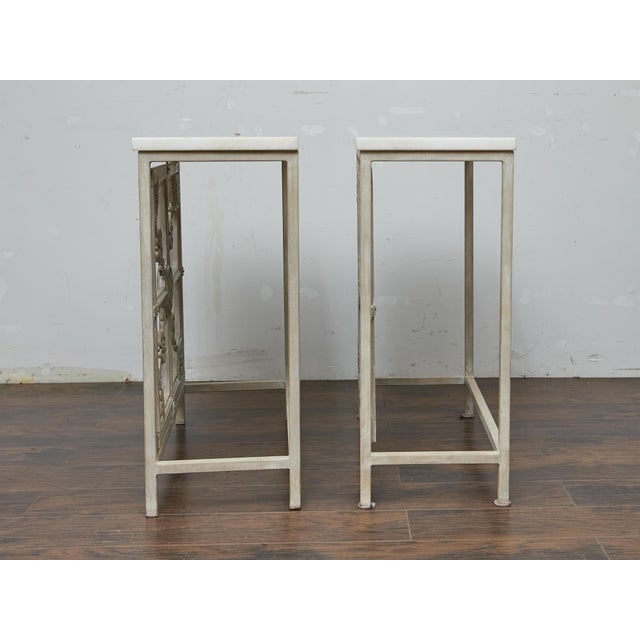 Wood 19th Century Pair of French Painted Iron Consoles With Carved Wood Panels and Marble Tops For Sale - Image 7 of 11