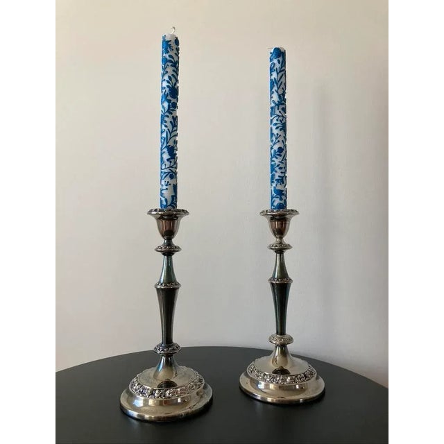 Victorian English Georgian Design Silver Plate Tall Candlesticks- A Pair For Sale - Image 3 of 12