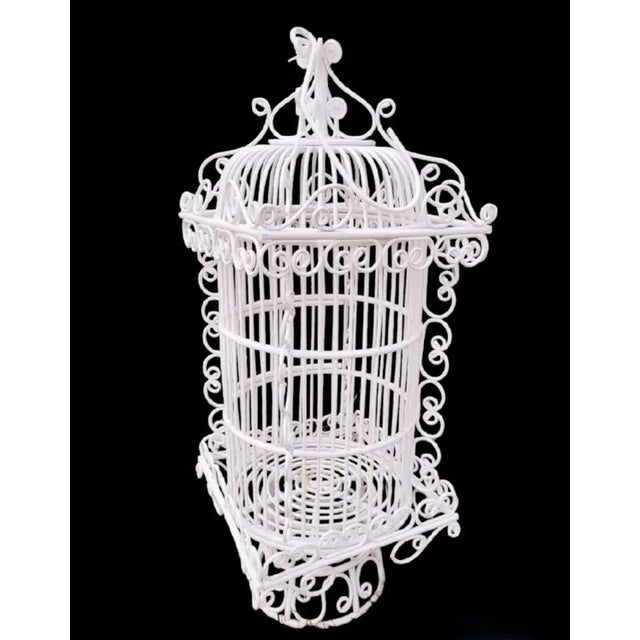 1980s Large Vintage Wicker Decorative Fiddle Fern Head White Hanging Bird Cage For Sale - Image 5 of 10