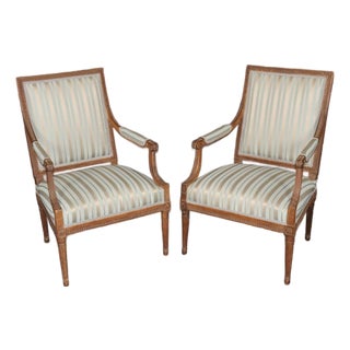Pair 19th C French Louis XVI Style Carved Armchairs For Sale