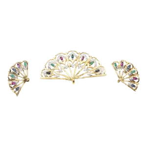 Vermeil Gold Tone Sterling With Faux Gemstones Fan Brooch and Earring Suite - 3 Pieces