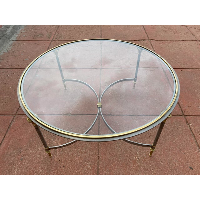 Chrome Manner of Maison Charles French Directoire Coffee Table Having Brass Mounts & Glass Inset Top For Sale - Image 8 of 13