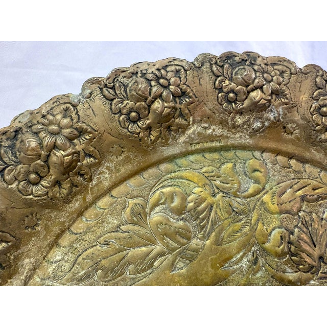 Mid 20th Century Vintage Embossed Brass Charger Plate Featuring Leaping Hare Surrounded by Flowers For Sale - Image 5 of 13