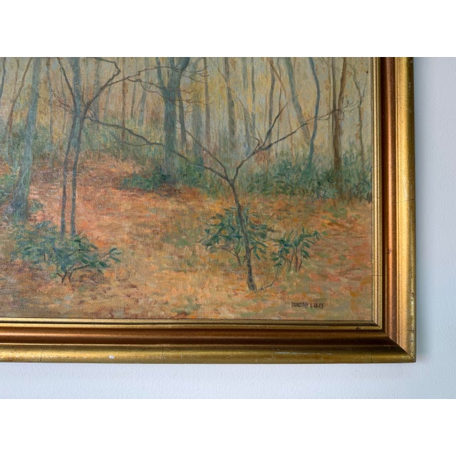 Green 1970’s Dorothy v. Riley “Tranquil Autumn Scene” Woodland Landscape Oil Painting, Wood Frame For Sale - Image 8 of 12