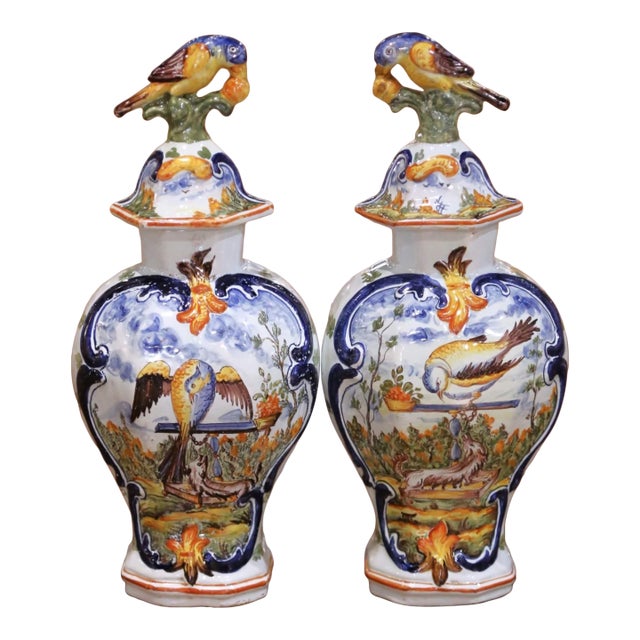 Pair of 19th Century French Faience Bottles With Figural Bird Stoppers For Sale