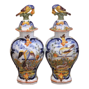 Pair of 19th Century French Faience Bottles With Figural Bird Stoppers